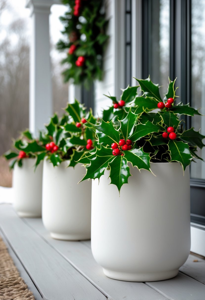 White ceramic planters with green holly sprigs and red berries arranged on a wooden front porch.